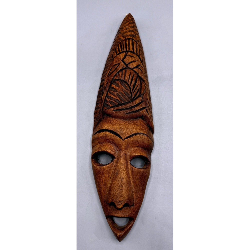 Vintage Hand Carved Wooden Tribal Mask Elongated Wall Decor 12.5 Inch Brown